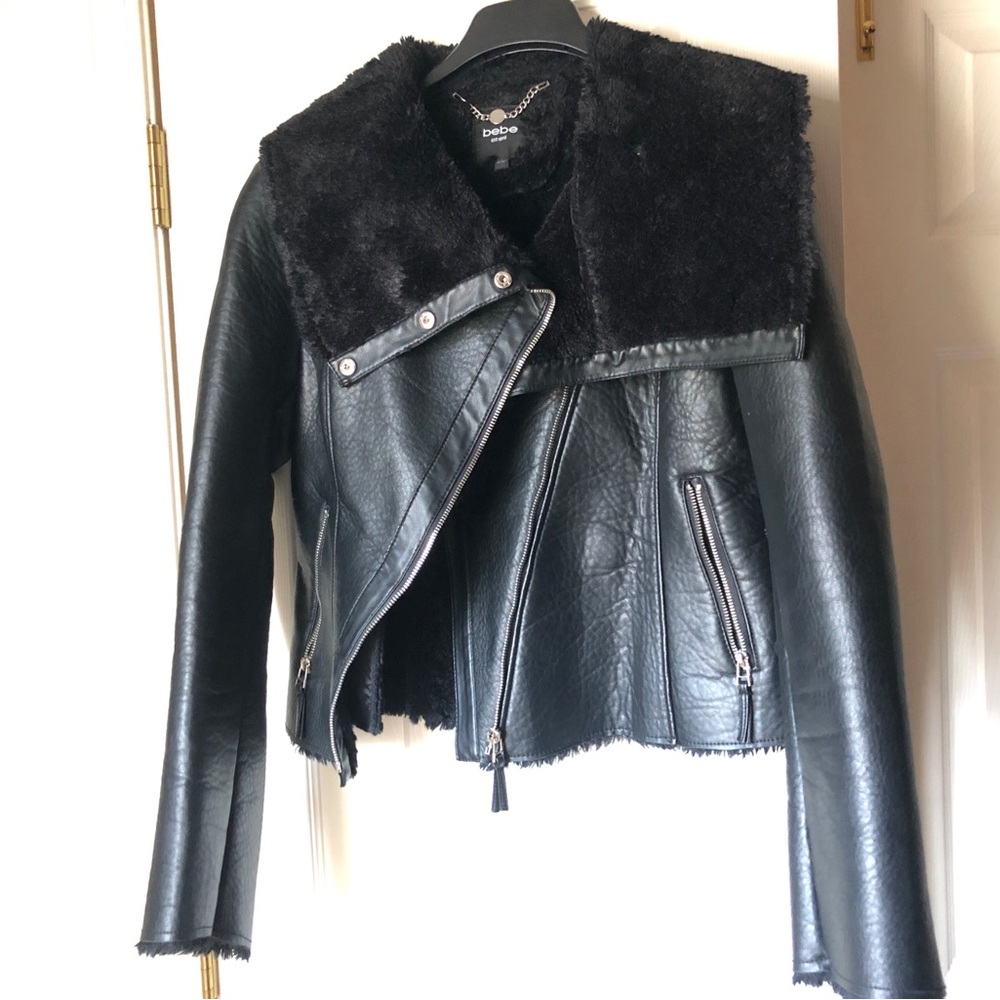 Bebe Black Faux Leather Moto Jacket with Shearling Collar